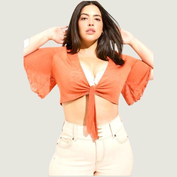 New TORRID Plus Size slub shrug 3/4 Sleeve apricot tie Front sweater Size 2X - Picture 1 of 16